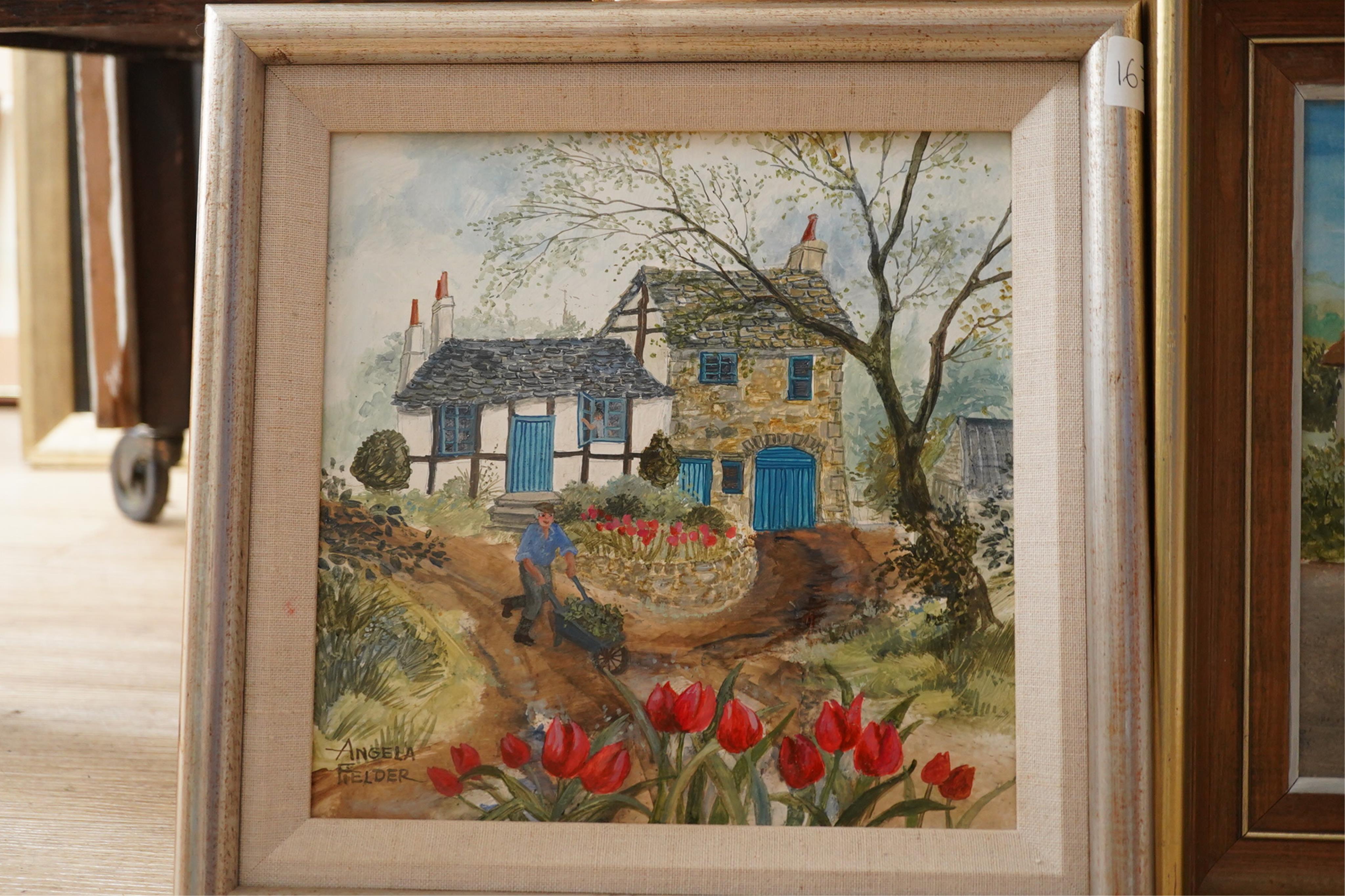 Angela Fielder (contemporary), two oils on board, Artist before a cottage and Cottage garden scene with tulips, each signed, details verso, largest 21 x 26cm. Condition - good